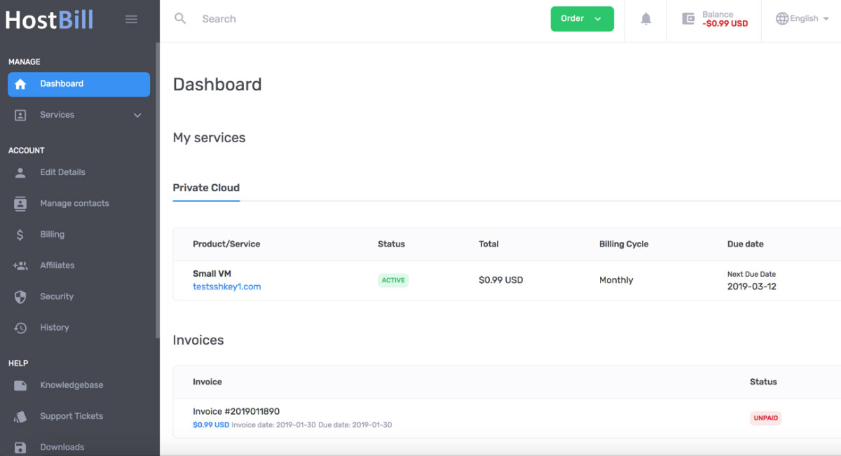 hostbill dashboard