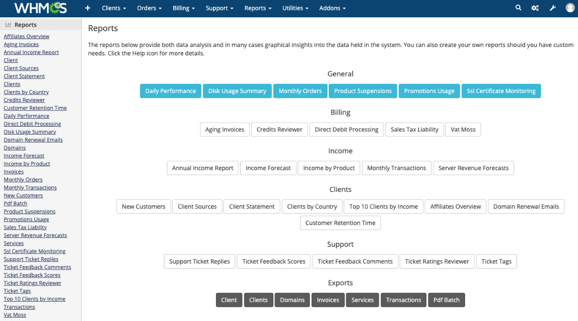 reports in whmcs 