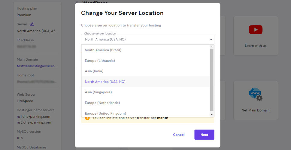 change hostinger server location 