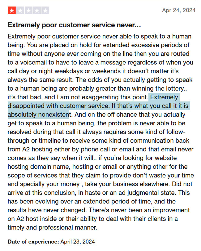 bad customer support of a2hosting